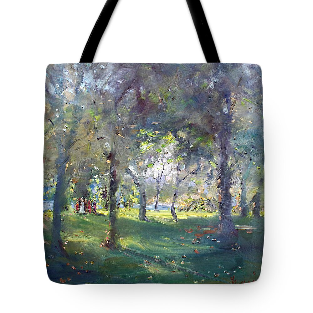 Park Tote Bag featuring the painting Wedding Celebration in the Park by Ylli Haruni