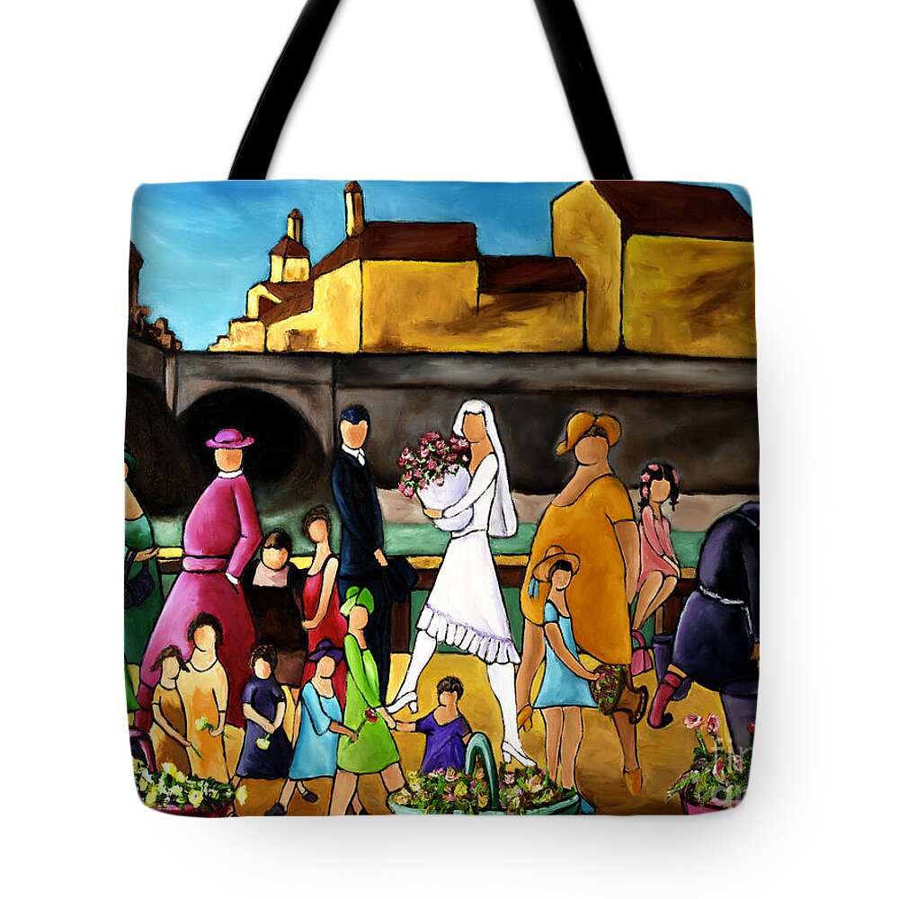 Wedding Tote Bag featuring the painting Wedding In Front Of Bridge by William Cain