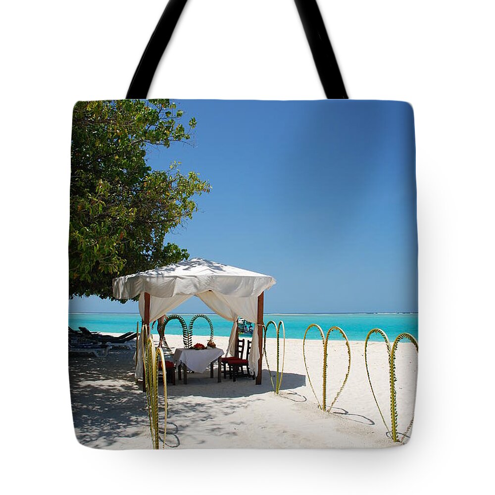 Wedding Tote Bag featuring the photograph Wedding tent on a Maldivian Island by Luis Alvarenga