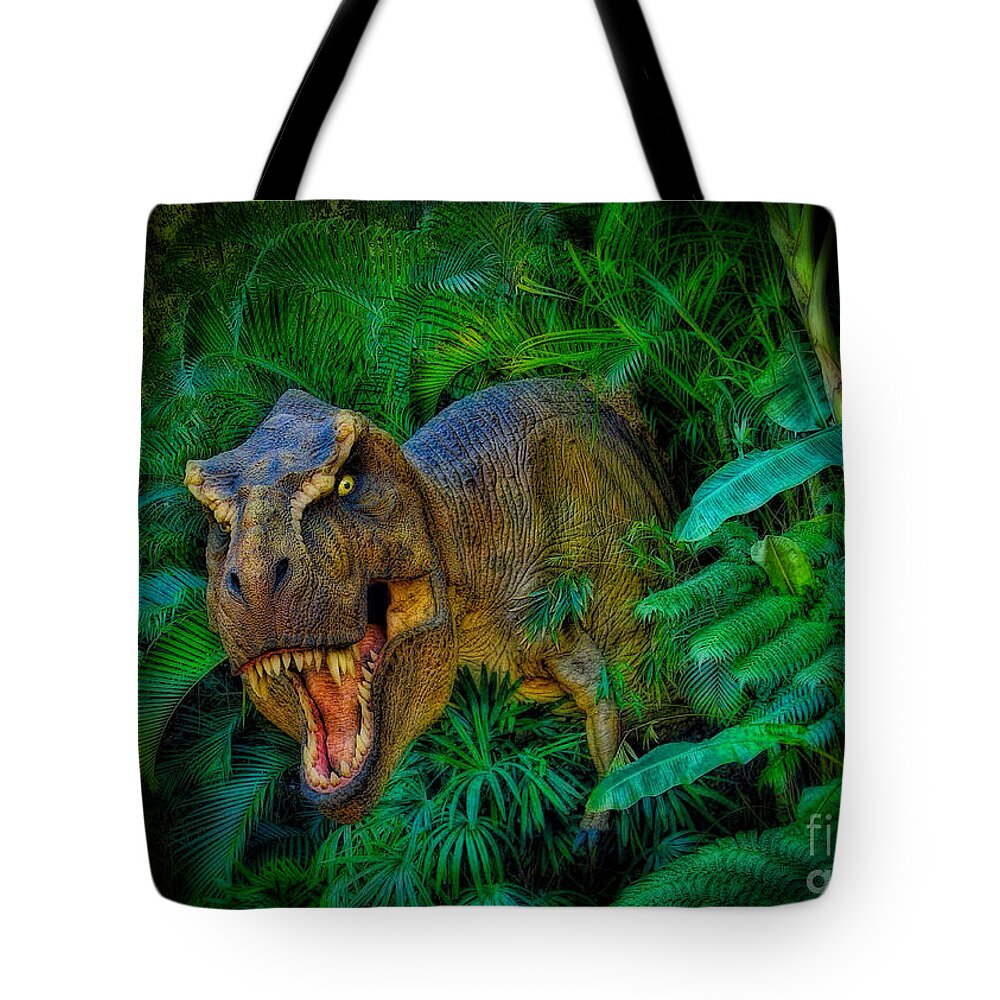 Tyrannosaurus Rex Tote Bag featuring the photograph Welcome to my Park Tyrannosaurus Rex by Olga Hamilton