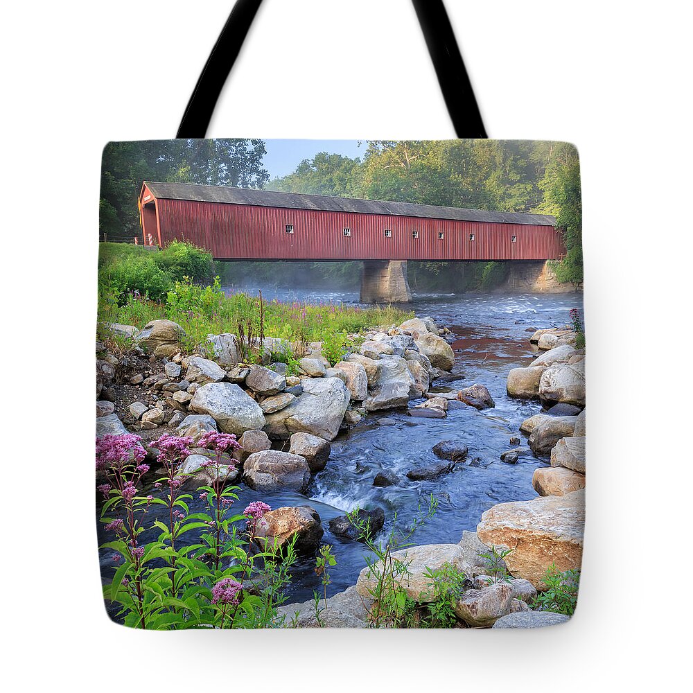 Rural America Tote Bag featuring the photograph West Cornwall Covered Bridge Square by Bill Wakeley
