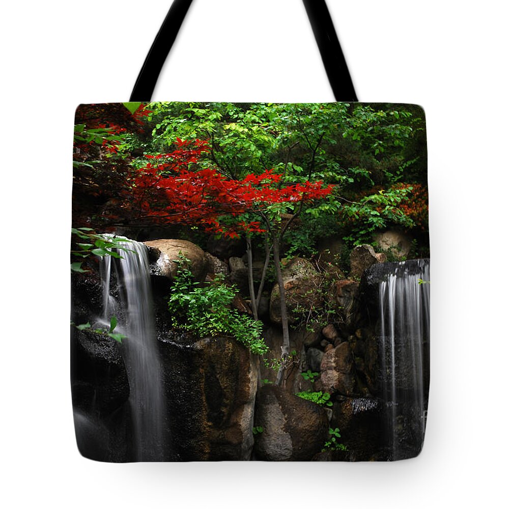 Waterfall Tote Bag featuring the photograph West Waterfall at Japanese Garden by Nancy Mueller