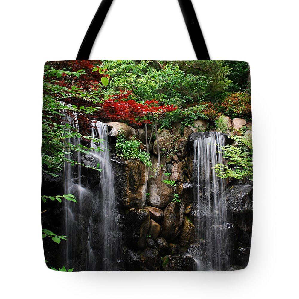 Waterfall Tote Bag featuring the photograph West Waterfall at Japanese Garden II by Nancy Mueller