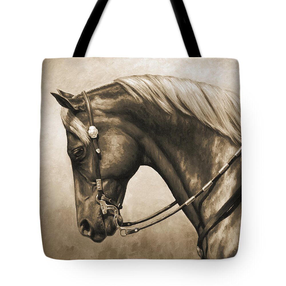 Horse Tote Bag featuring the painting Western Horse Painting In Sepia by Crista Forest