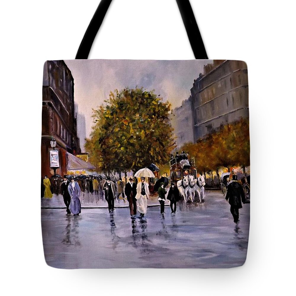Street Scene Tote Bag featuring the painting Wet Afternoon On The Boulevard by Barry BLAKE