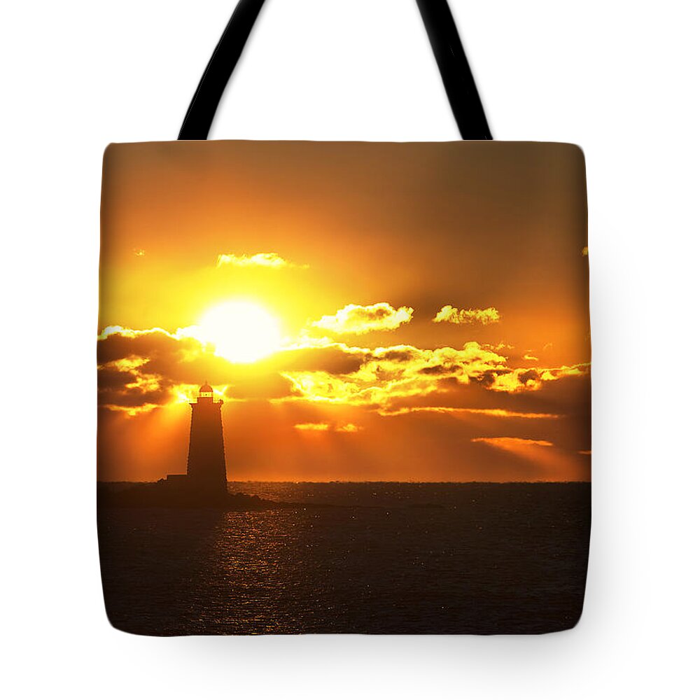Whaleback Lighthouse Tote Bag featuring the photograph Whaleback Sunrise by Eric Gendron