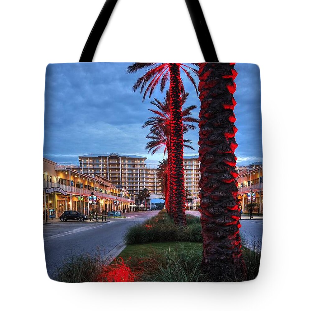 Palm Tote Bag featuring the digital art Wharf red lighted trees by Michael Thomas