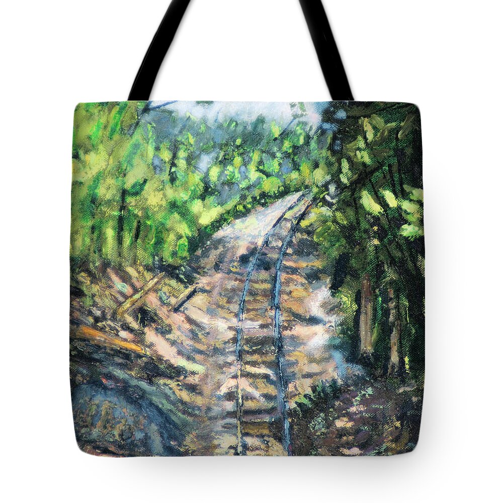 Tree Path Railroad Track Rock Forest Tote Bag featuring the painting What's Around the Bend? by Michael Daniels
