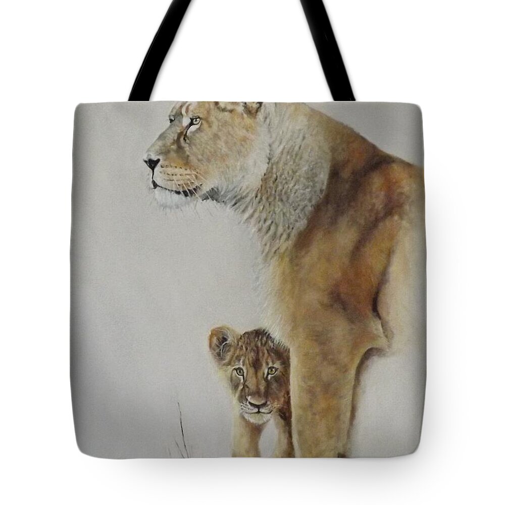 Lion. Lioness Tote Bag featuring the painting What's Up Mum by Barry BLAKE