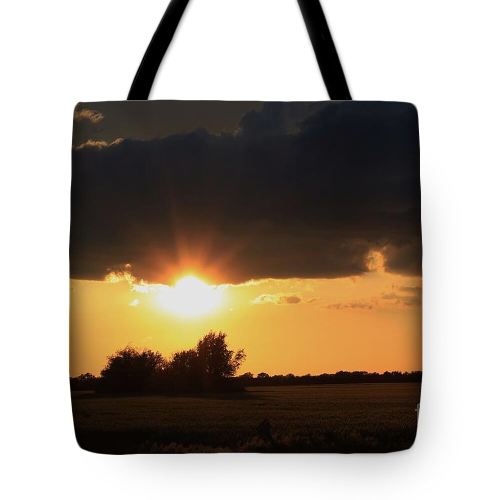 Sun Tote Bag featuring the photograph Wheatfield Sunset with cloud's and tree's by Robert D Brozek