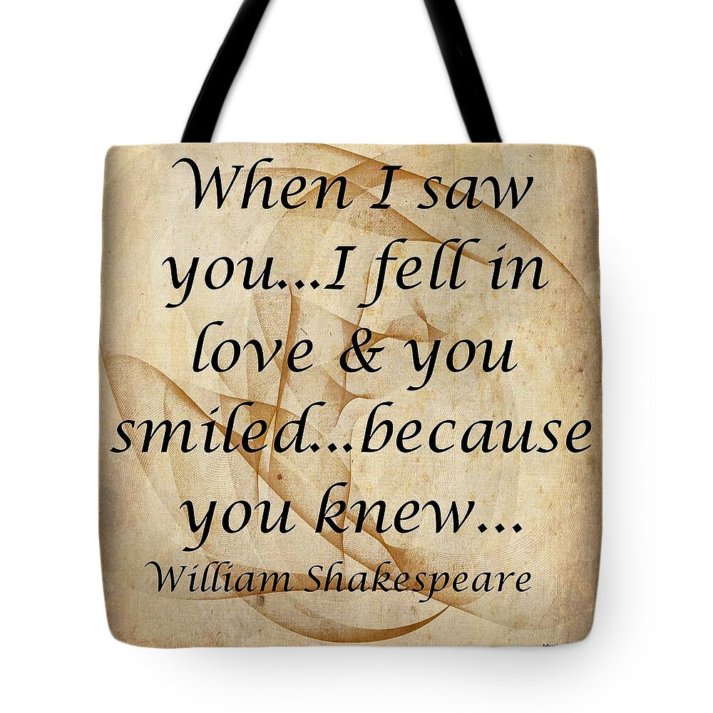 William Shakespeare Tote Bag featuring the mixed media When I Saw You by Marian Lonzetta