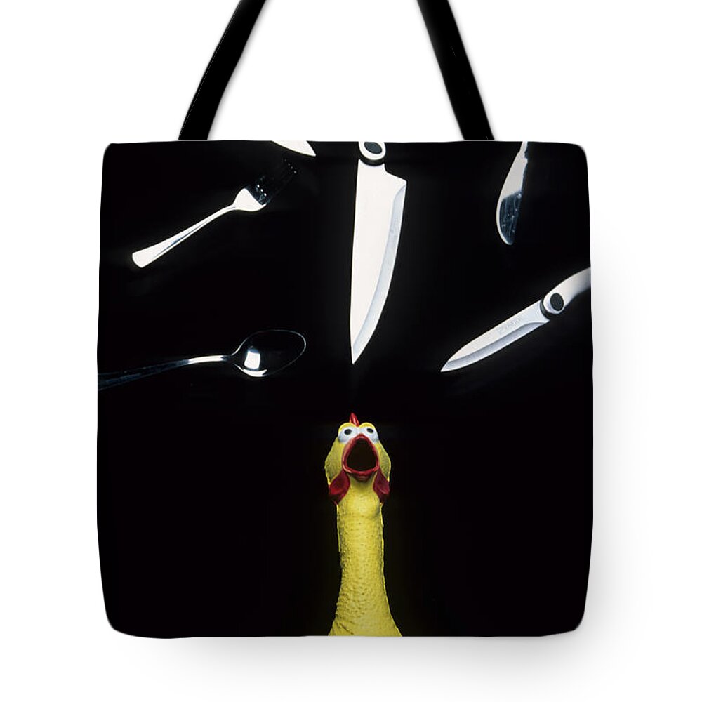 Rubber Chicken Tote Bag featuring the photograph When Rubber Chickens Juggle by Bob Christopher