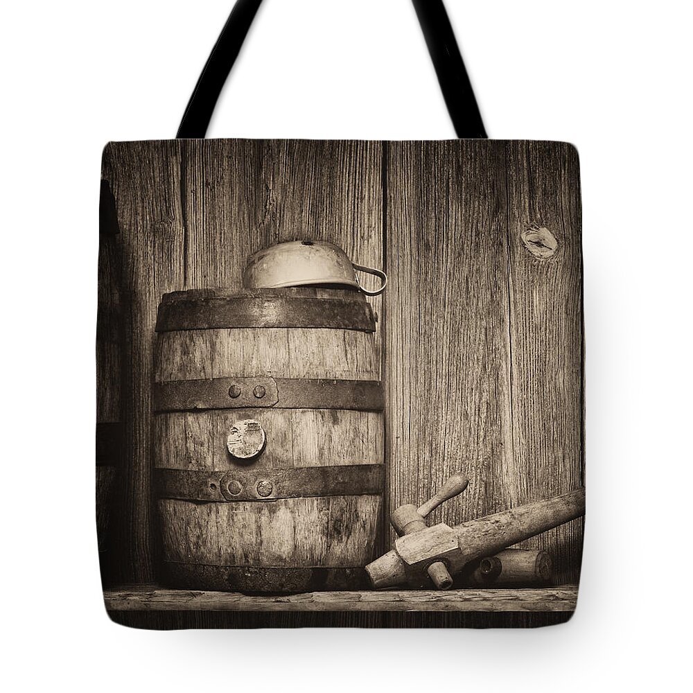 Alcohol Tote Bag featuring the photograph Whiskey Barrel Still Life by Tom Mc Nemar