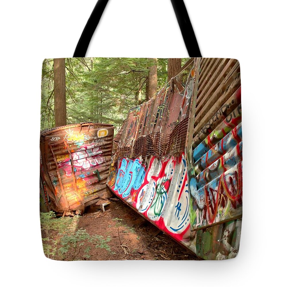 Canadian Train Wreck Tote Bag featuring the photograph Whistler Train Wreck Box Cars by Adam Jewell