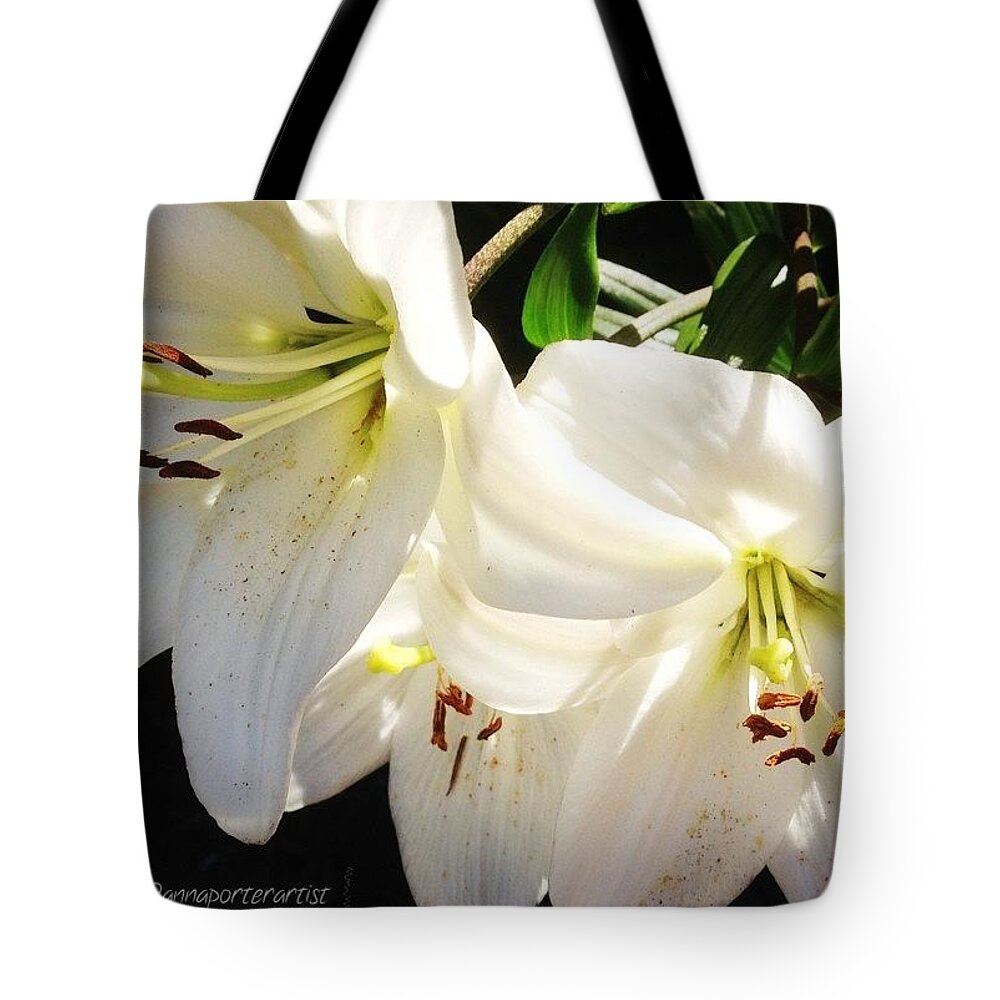 Lilies Tote Bag featuring the photograph White ... #redwhiteblue_nio #white by Anna Porter