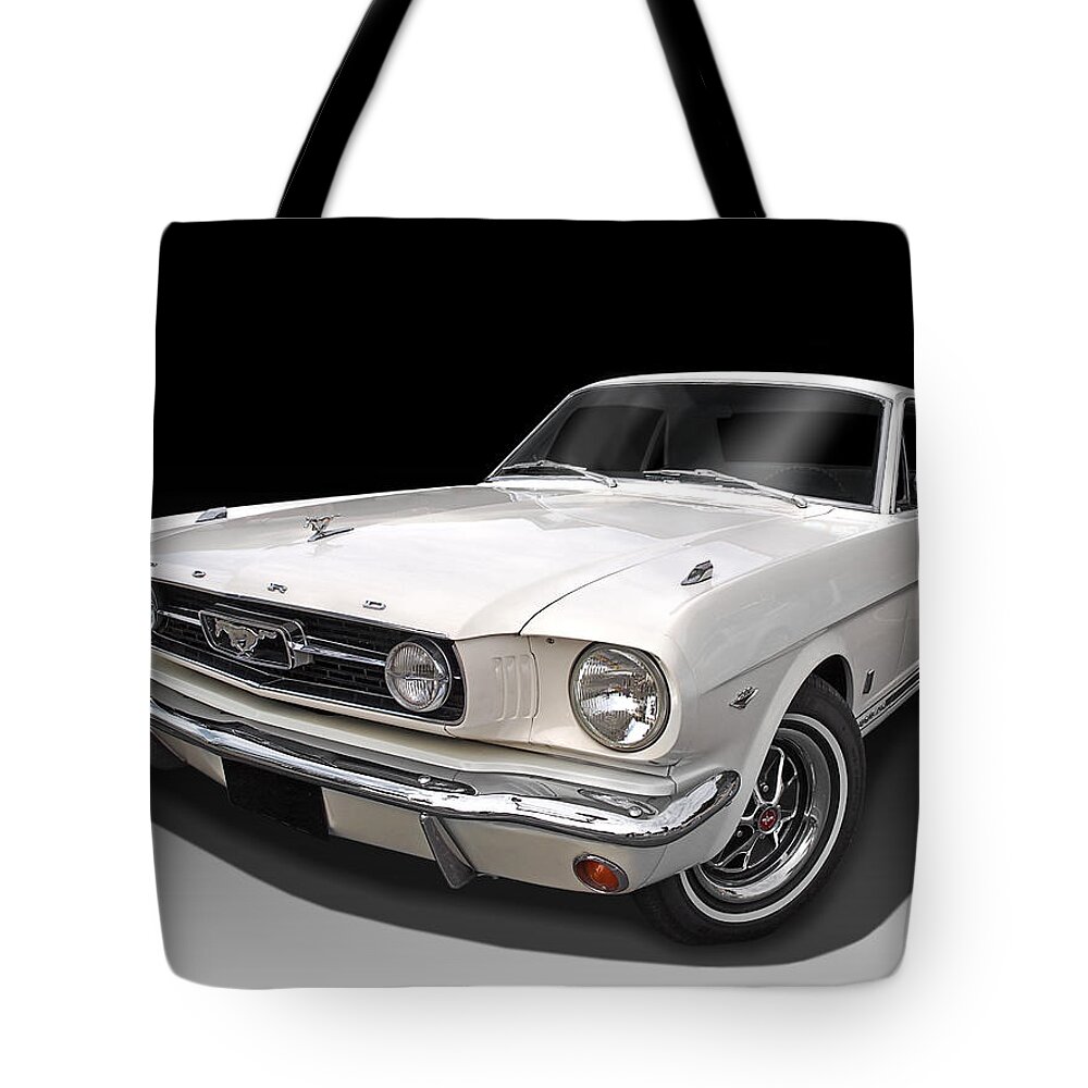 Ford Mustang Tote Bag featuring the photograph White 1966 Mustang by Gill Billington