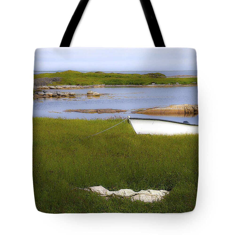 White Tote Bag featuring the photograph White Boat on the shore by Stoney Stone