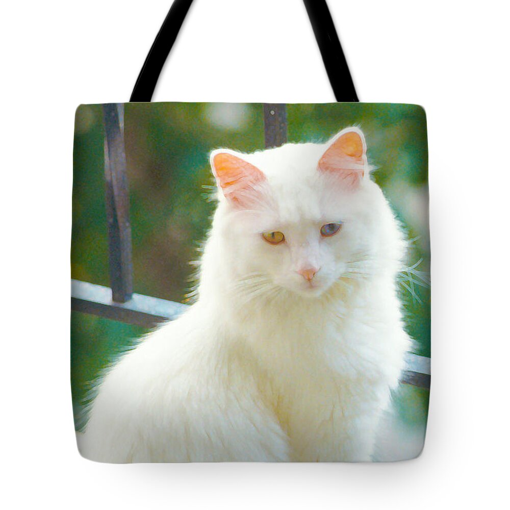 White Cat Tote Bag featuring the photograph White Cat by Lynn Hansen