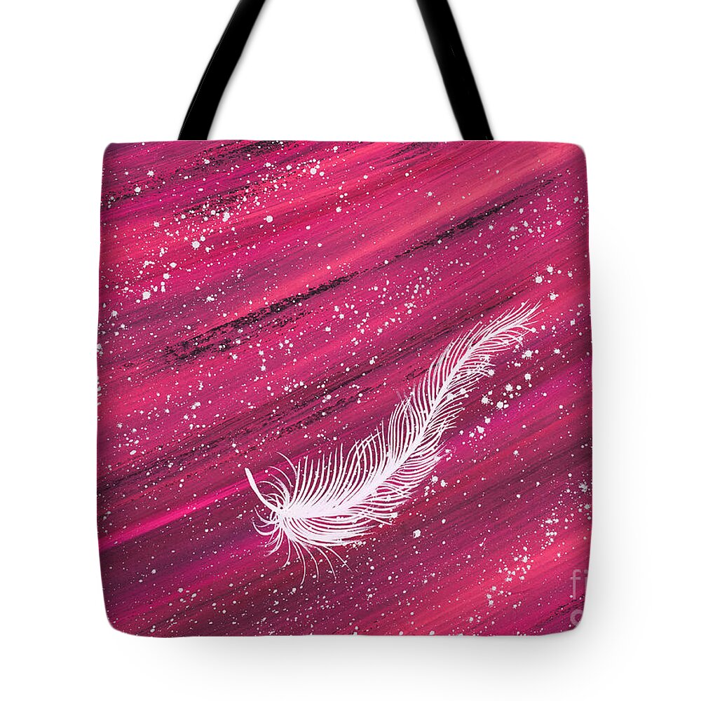 Feather Tote Bag featuring the painting White spiritual feather on pink streak by Carolyn Bennett by Simon Bratt