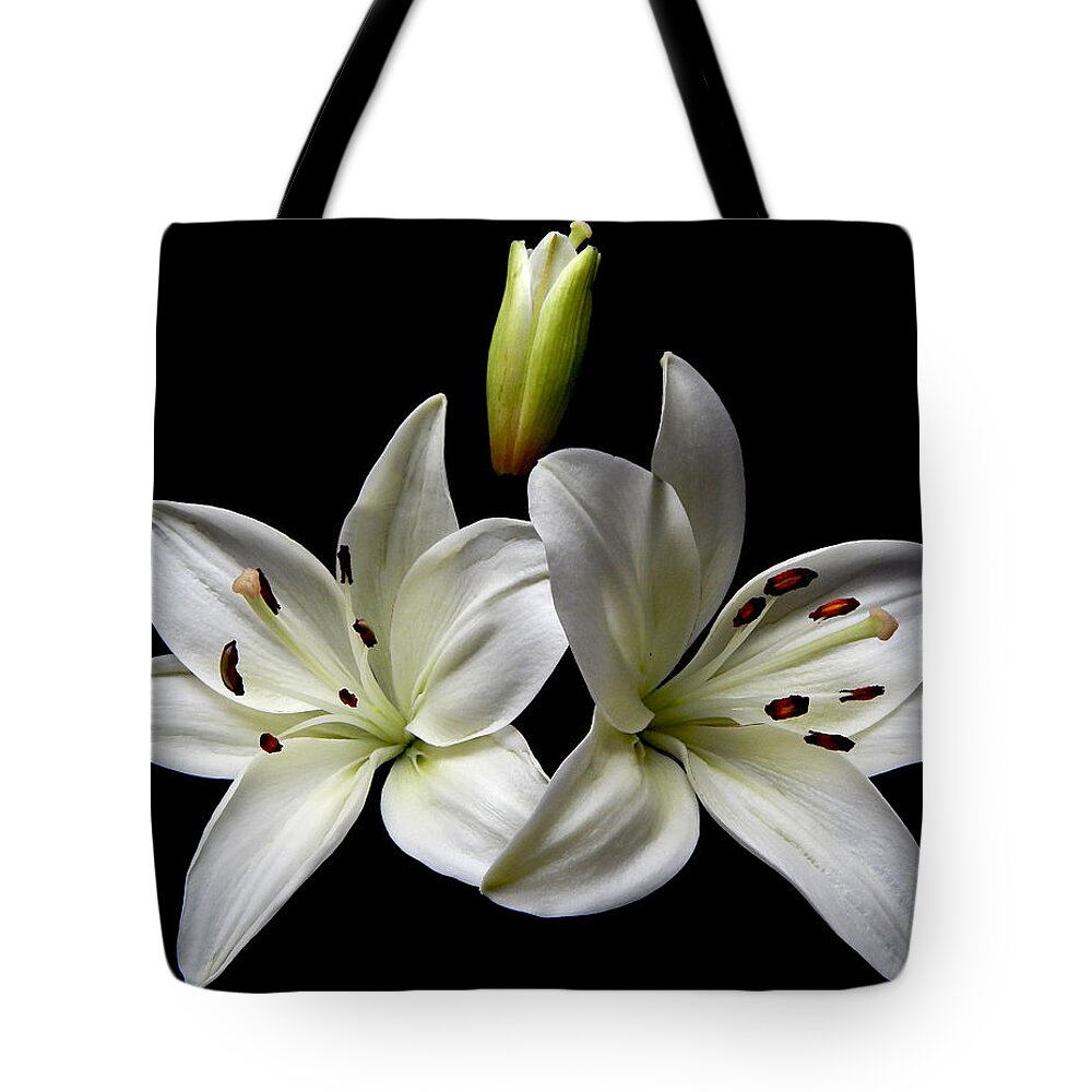 Flowers Tote Bag featuring the photograph White Lilies I Still Life Flower Art Poster by Lily Malor
