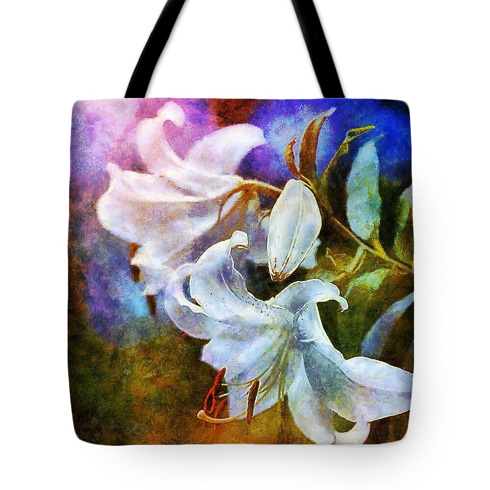 Lily Tote Bag featuring the painting White Lily - colorful edition by Lilia D