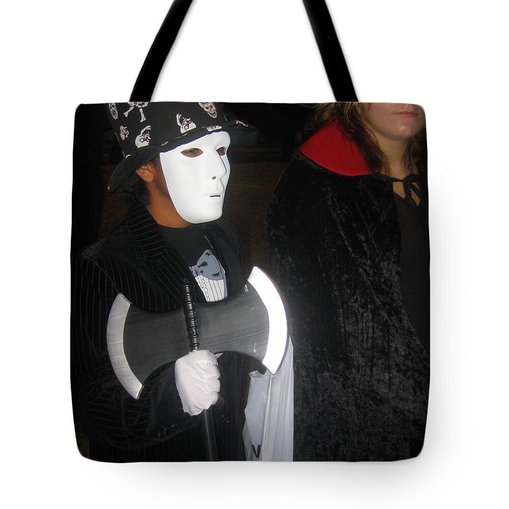 White Mask Holds Court At Halloween In Casa Grande Arizona 2005 Tote Bag featuring the photograph White mask holds court at Halloween in Casa Grande Arizona 2005 by David Lee Guss