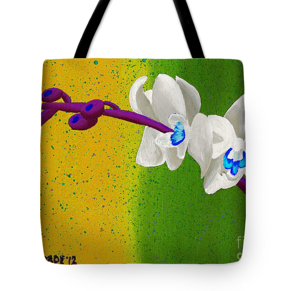 White Orchids Tote Bag featuring the painting White Orchids on Yellow and Green by Laura Forde
