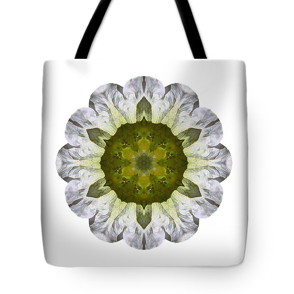 Flower Tote Bag featuring the photograph White Petunia IV Flower Mandala White by David J Bookbinder