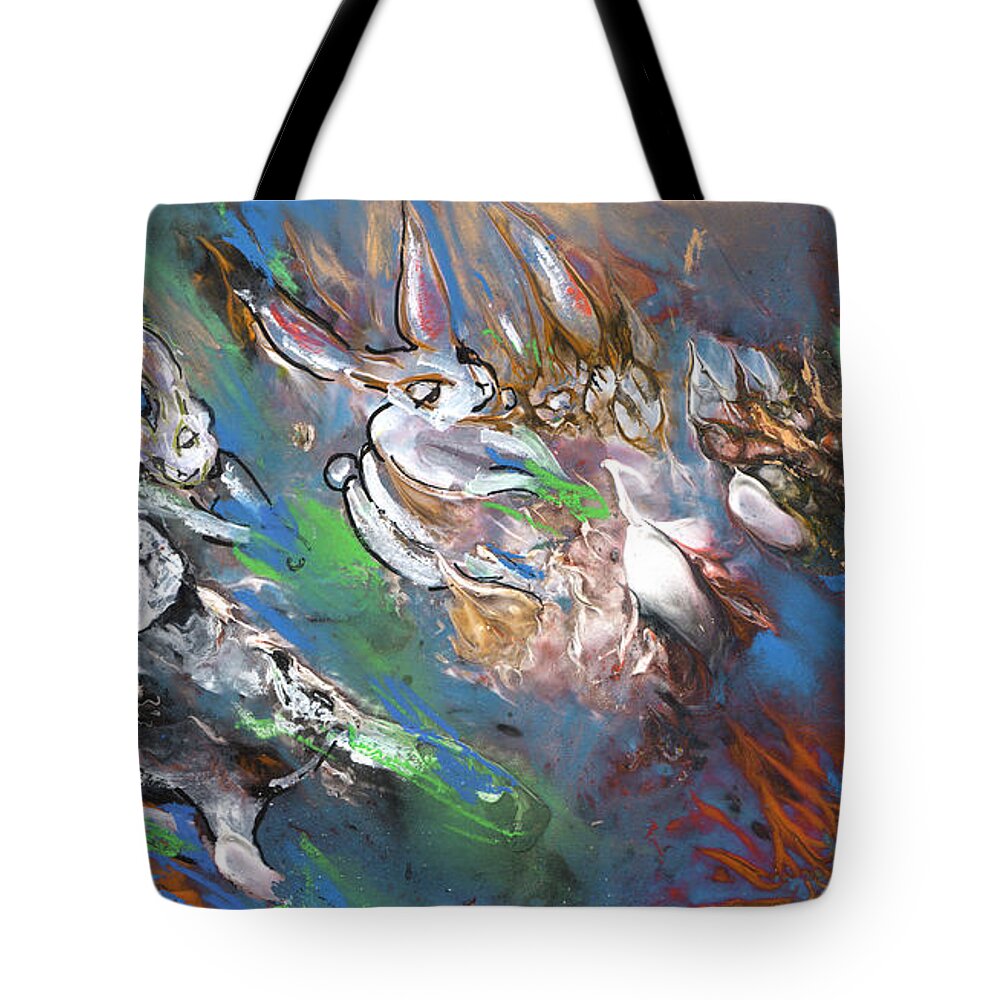 Fantasy Tote Bag featuring the painting White Rabbits on The Run by Miki De Goodaboom