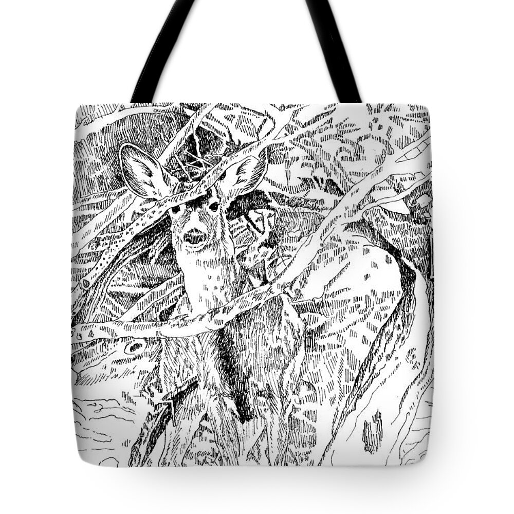 Art Tote Bag featuring the drawing White-tail Encounter by Bern Miller