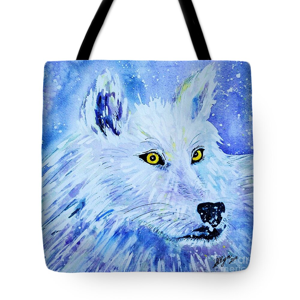 Aurora Tote Bag featuring the painting White Wolf - Aurora Nights In Blues - Square by Ellen Levinson