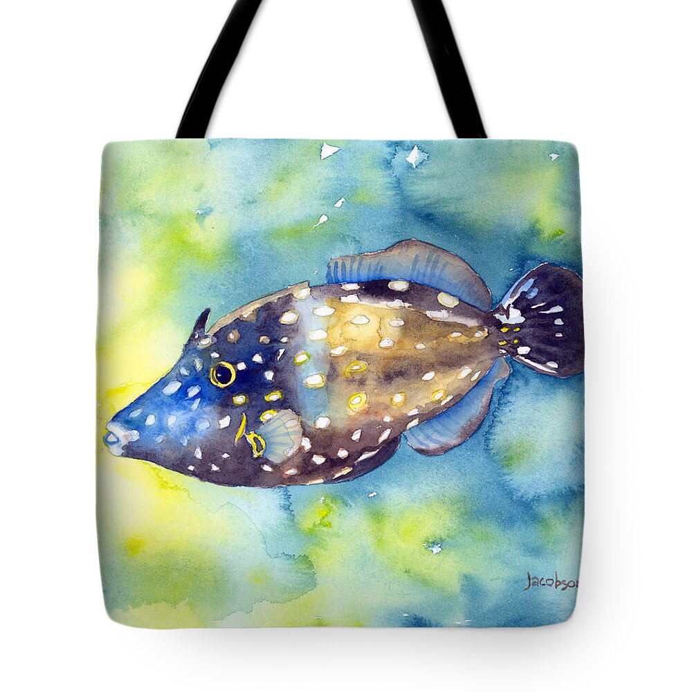 Filefish Tote Bag featuring the painting Whitespot Filefish by Pauline Walsh Jacobson