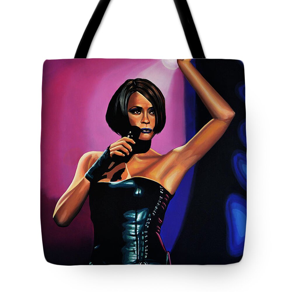 Whitney Houston Tote Bag featuring the painting Whitney Houston On Stage by Paul Meijering
