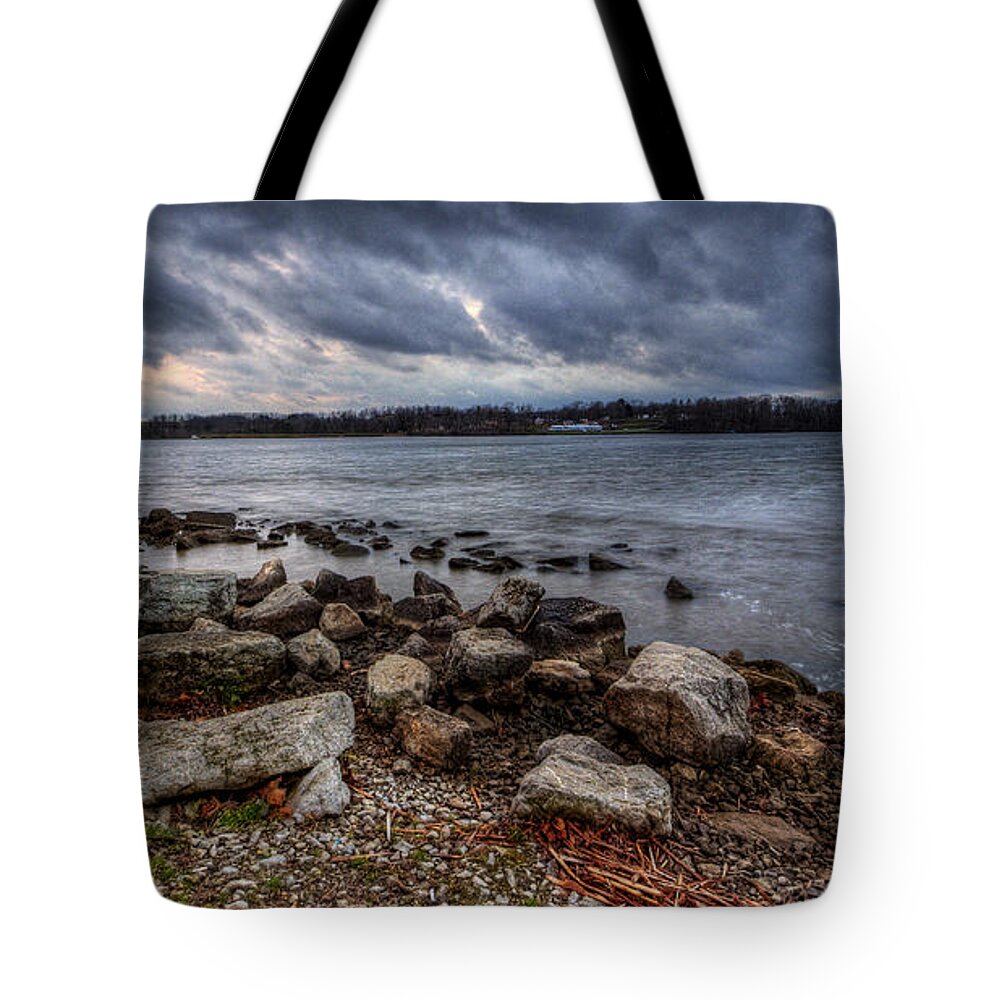Sunset Tote Bag featuring the photograph Wild Clouds on the Lake by David Dufresne