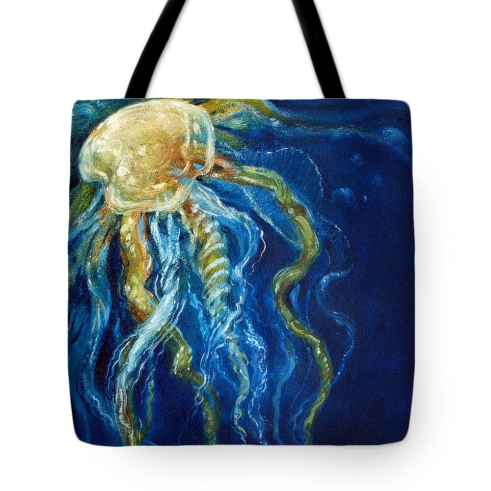 Llyfish Tote Bag featuring the painting Wild Jellyfish Reflection by Randy Wollenmann