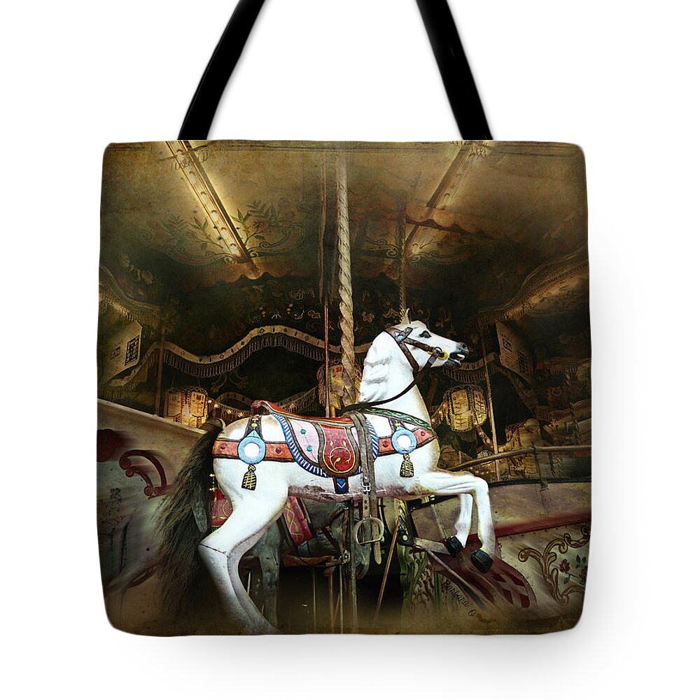 Merry Go Round Tote Bag featuring the photograph Wild wooden horse by Barbara Orenya