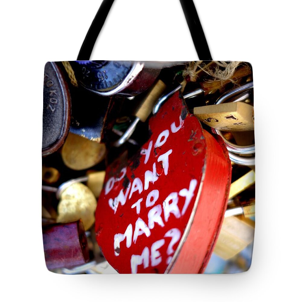 Do You Want To Marry Me Tote Bag featuring the photograph Do You Want to Marry Me love lock Paris by Toby McGuire