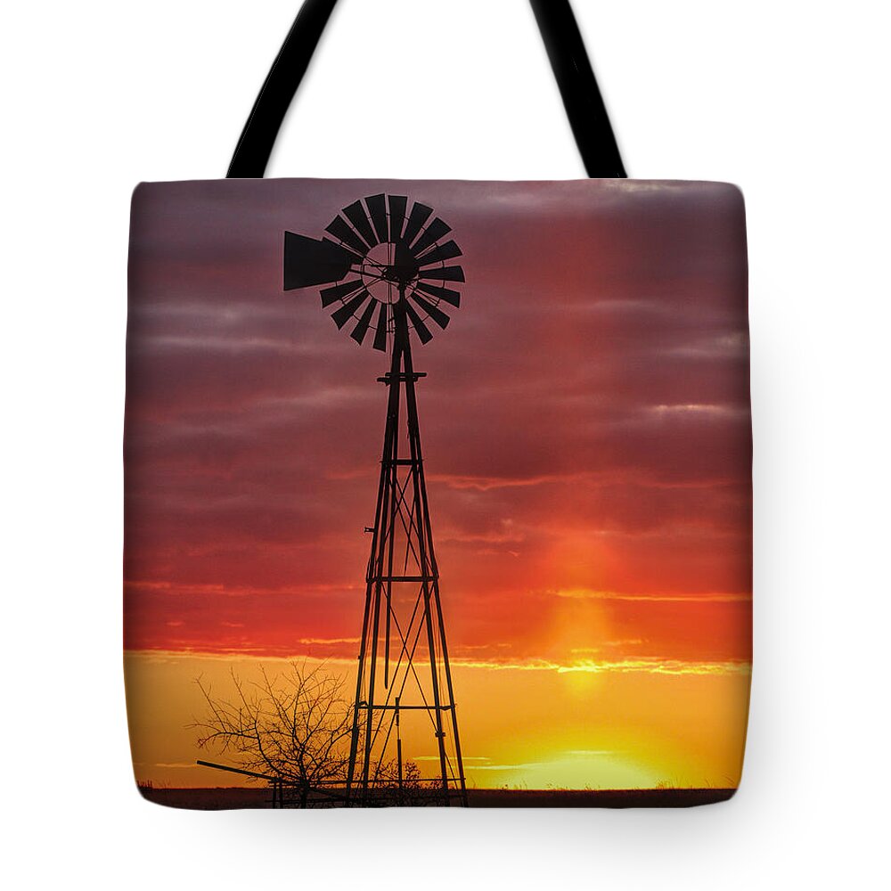 Kansas Tote Bag featuring the photograph Windmill and Light Pillar by Rob Graham