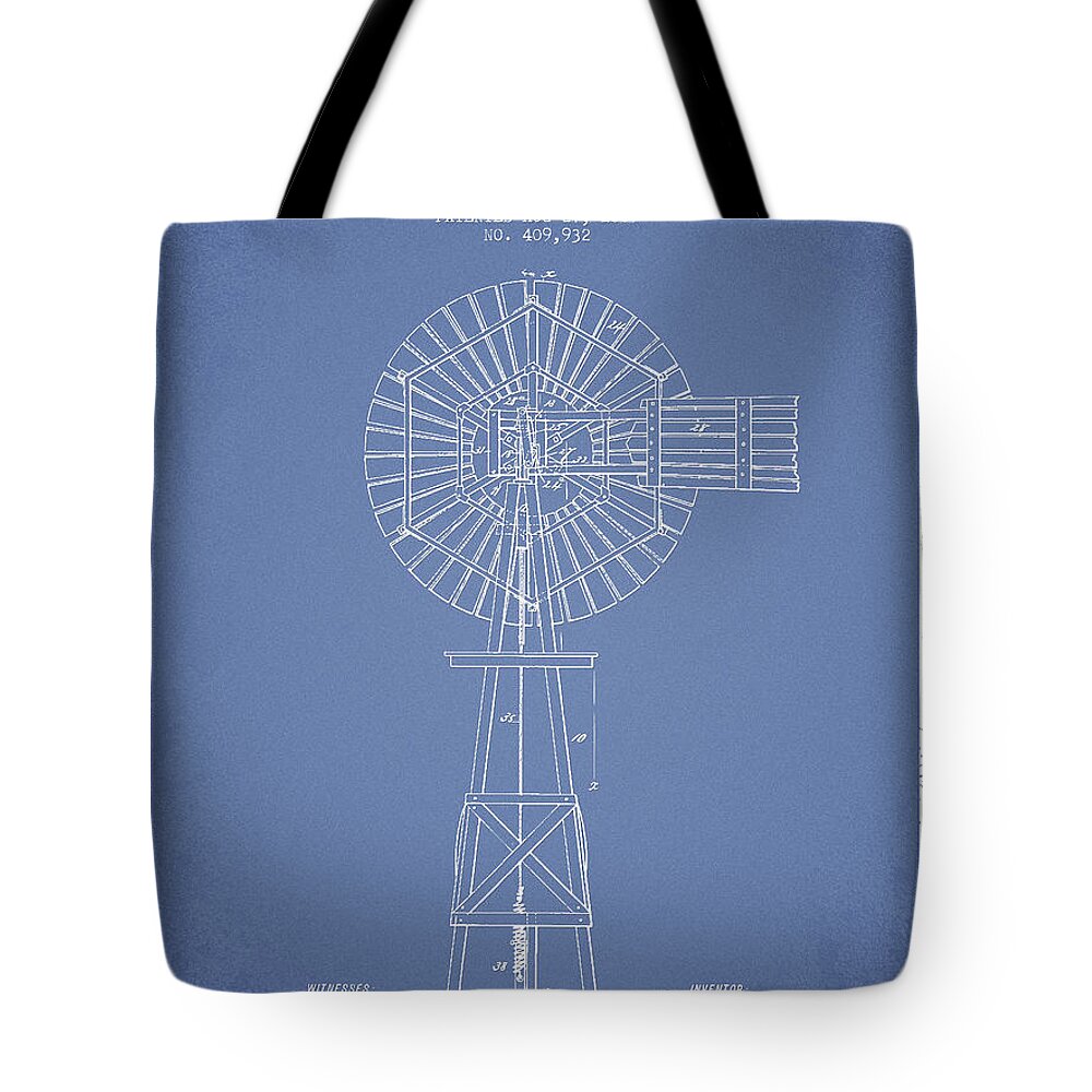 Windmill Tote Bag featuring the digital art Windmill Patent Drawing From 1889 - Light Blue by Aged Pixel