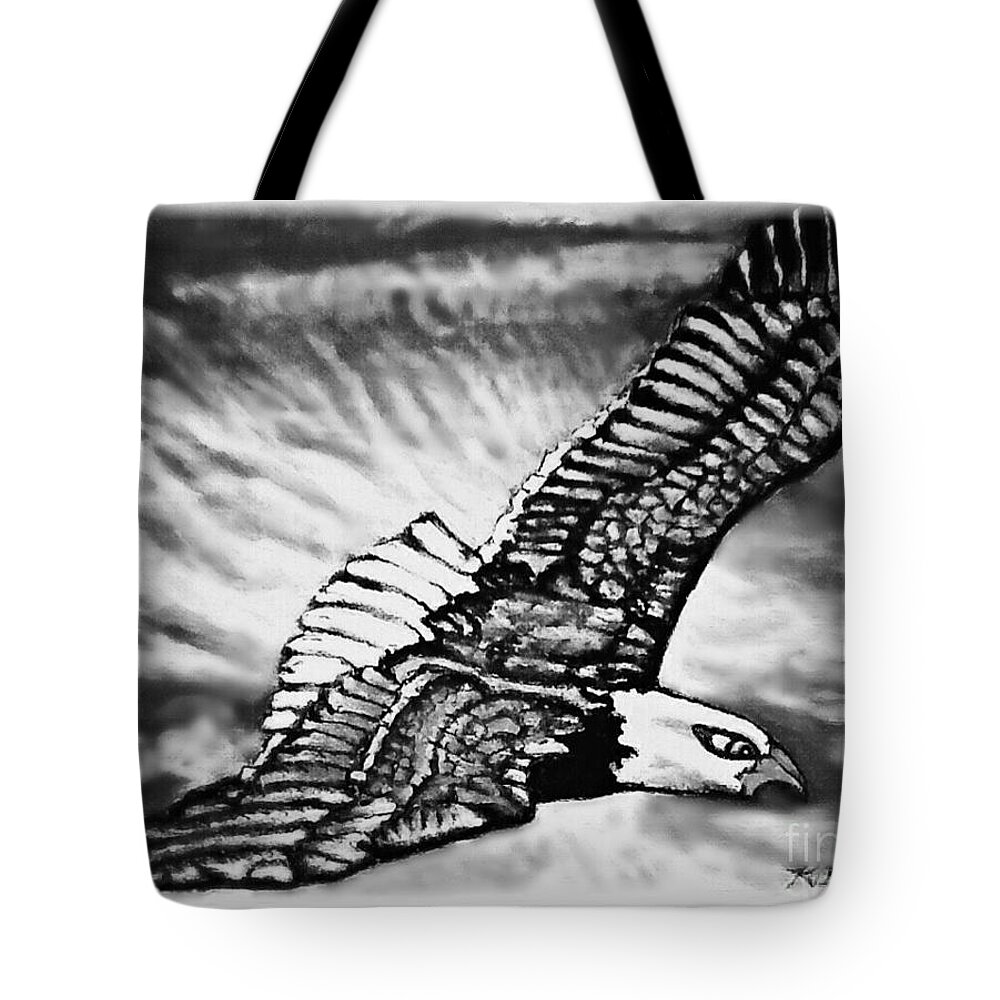 Bald Eagle Paintings Full Open Wings In Flight Muted Black And White Sky With Clouds Muted Tribute To Our Service Men And Women Memorial Day Tribute Tote Bag featuring the painting Wings of Flight in Service to Our Country by Kimberlee Baxter