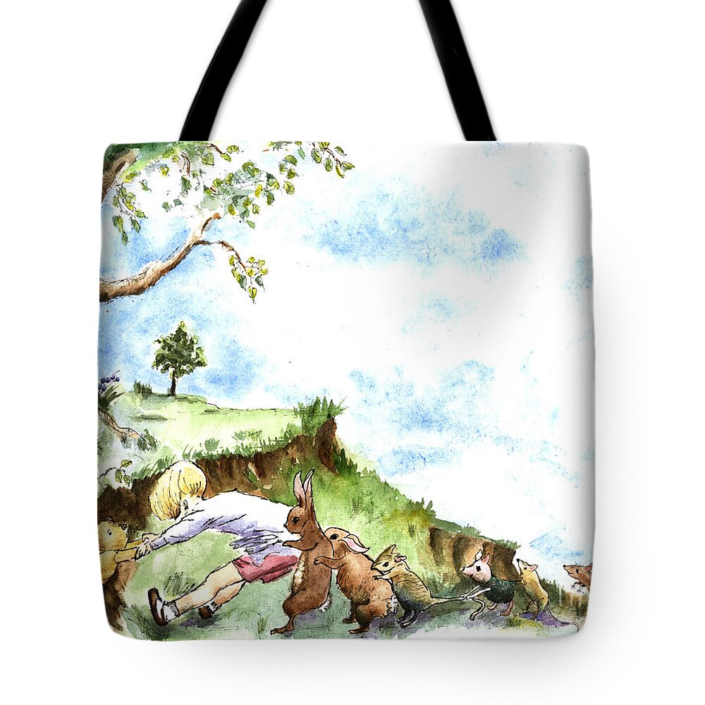 Winnie The Pooh Tote Bag featuring the painting Helping Hands after E H Shepard by Maria Hunt