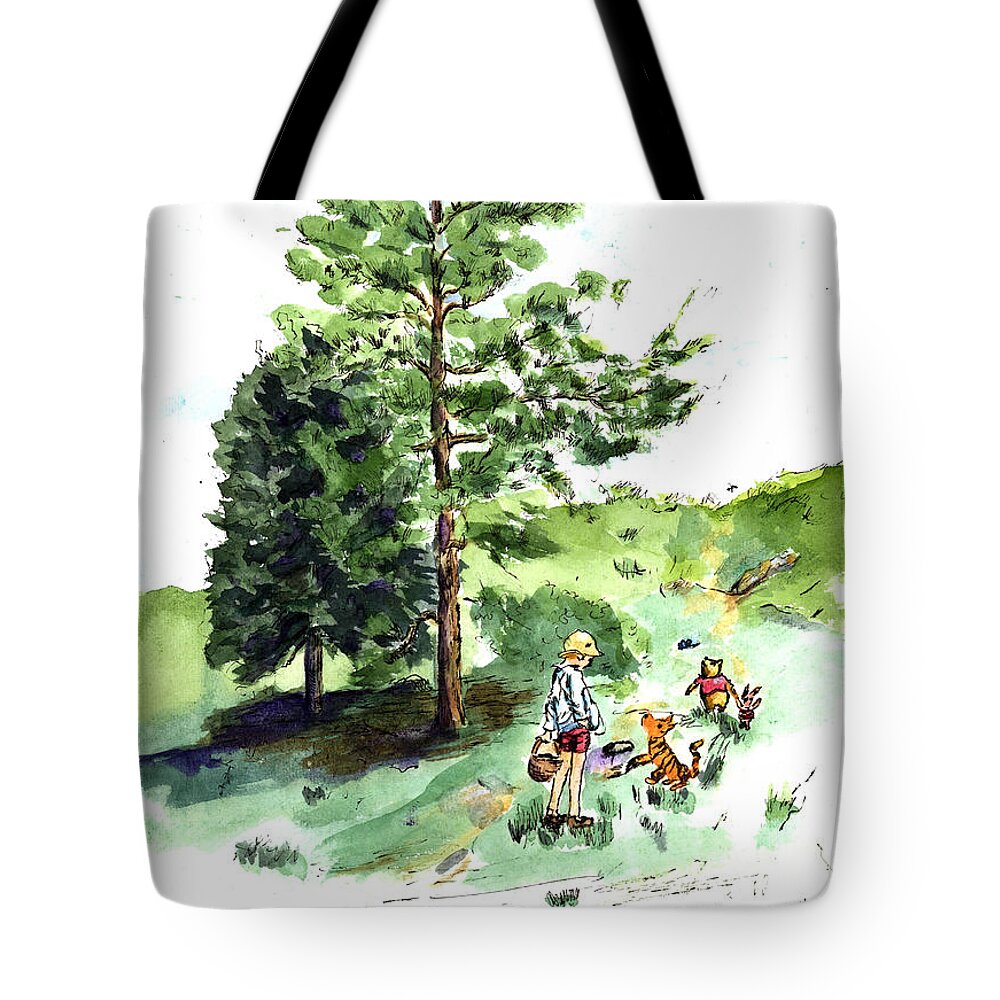 Winnie The Pooh Tote Bag featuring the painting Winnie the Pooh with Christopher Robin after E H Shepard by Maria Hunt