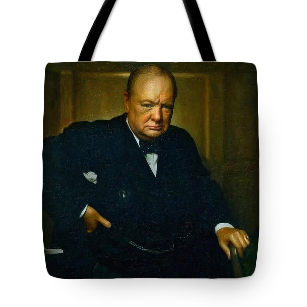 Landmark Tote Bag featuring the painting Winston Churchill by Celestial Images