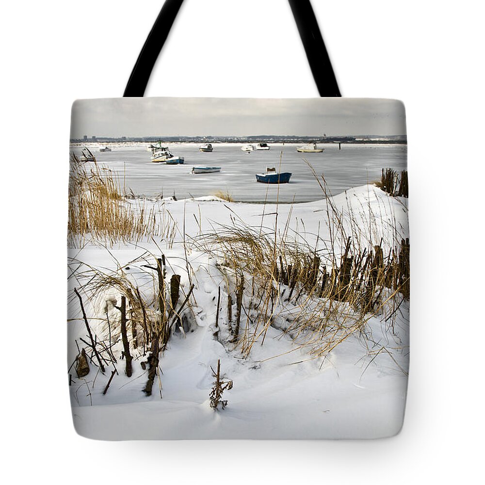 Snowbound Beach Tote Bag featuring the photograph Winter at the Beach 2 by Heiko Koehrer-Wagner