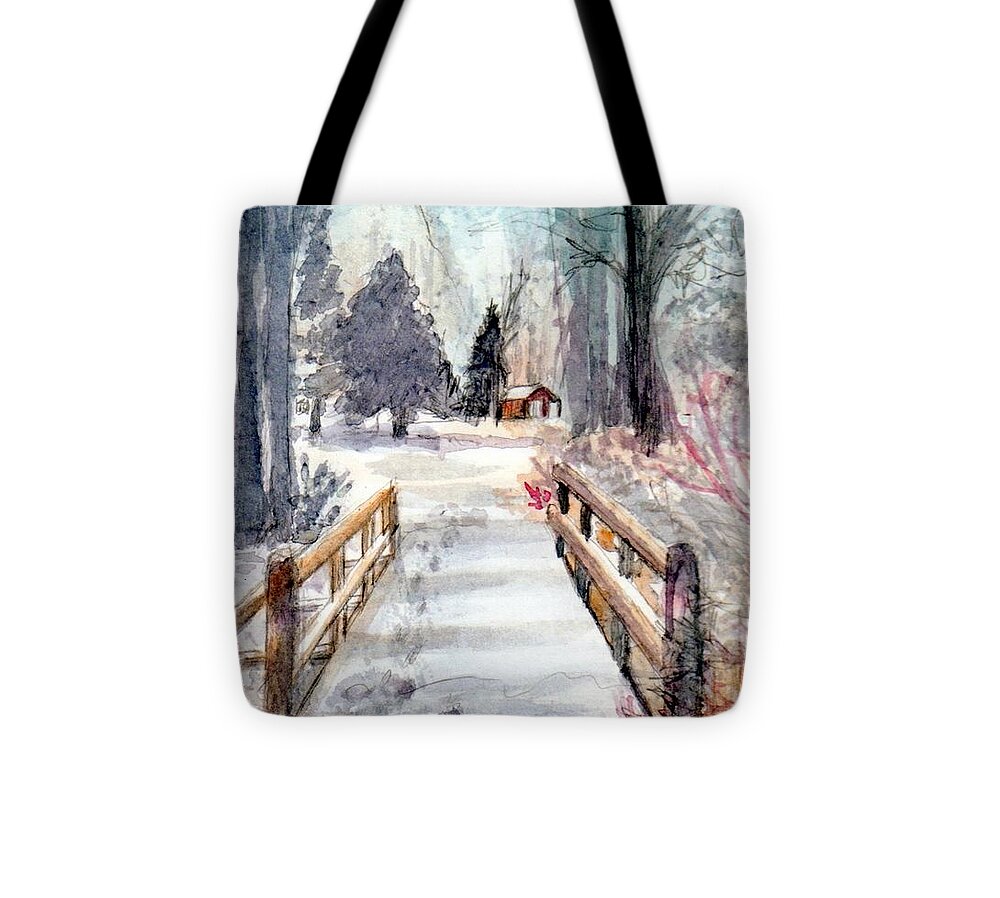 Watercolor Tote Bag featuring the painting Winter Bridge by Deb Stroh-Larson