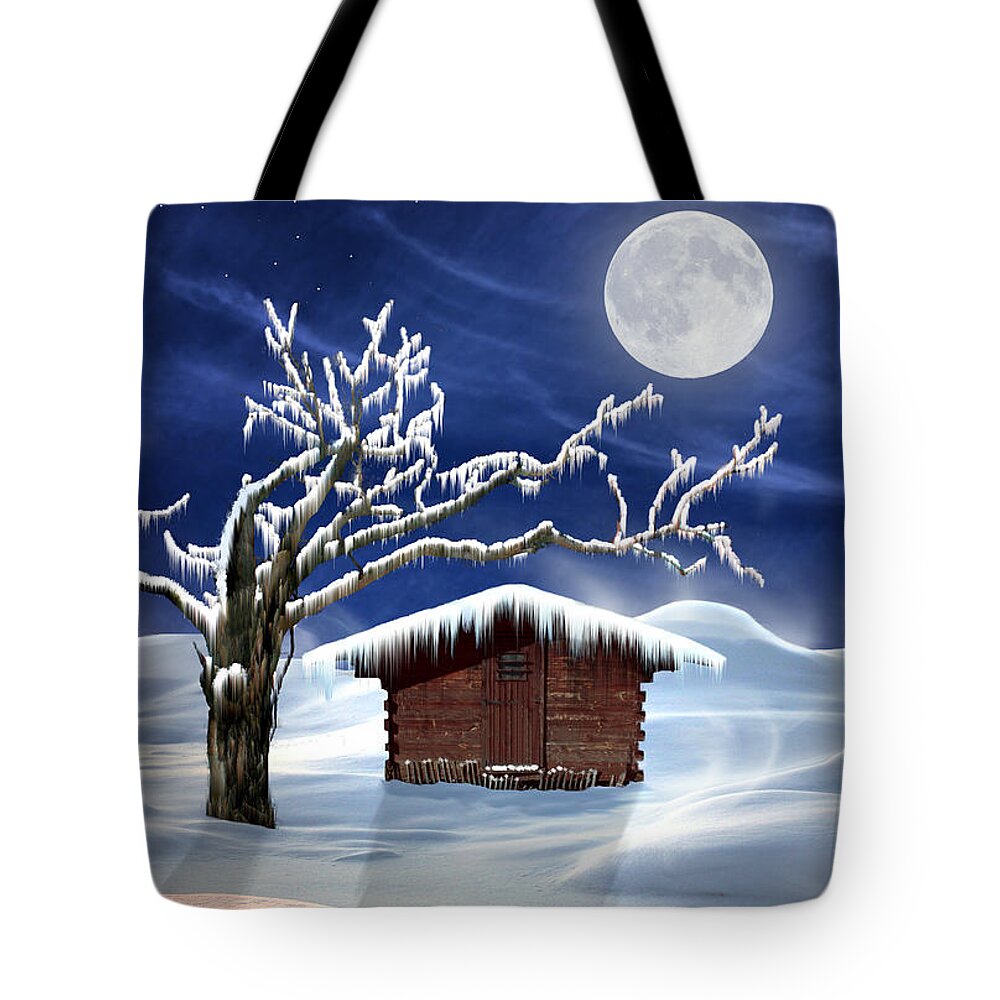 Winter Tote Bag featuring the digital art Winter Cabin by Nina Bradica