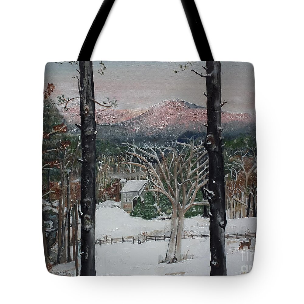 Winter.appalachian Tote Bag featuring the painting Winter - Cabin - Pink Knob by Jan Dappen