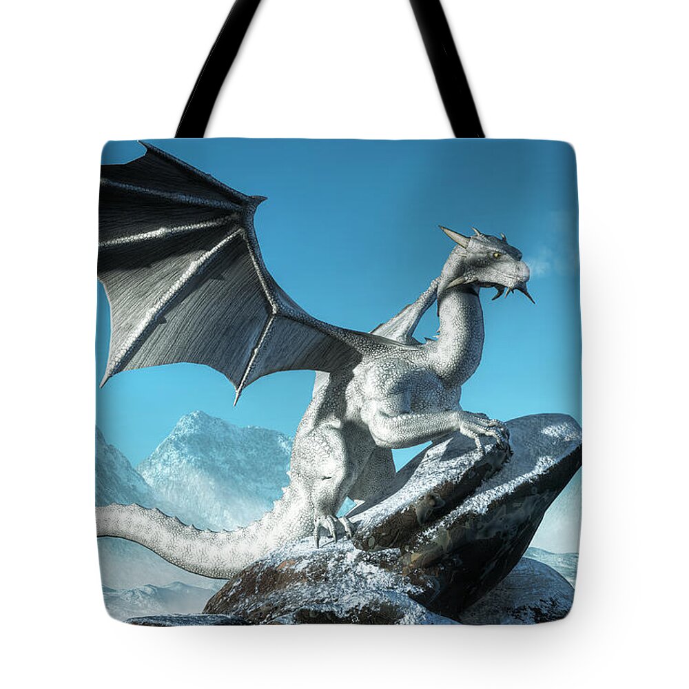 White Dragon Tote Bag featuring the digital art Winter Dragon by Daniel Eskridge