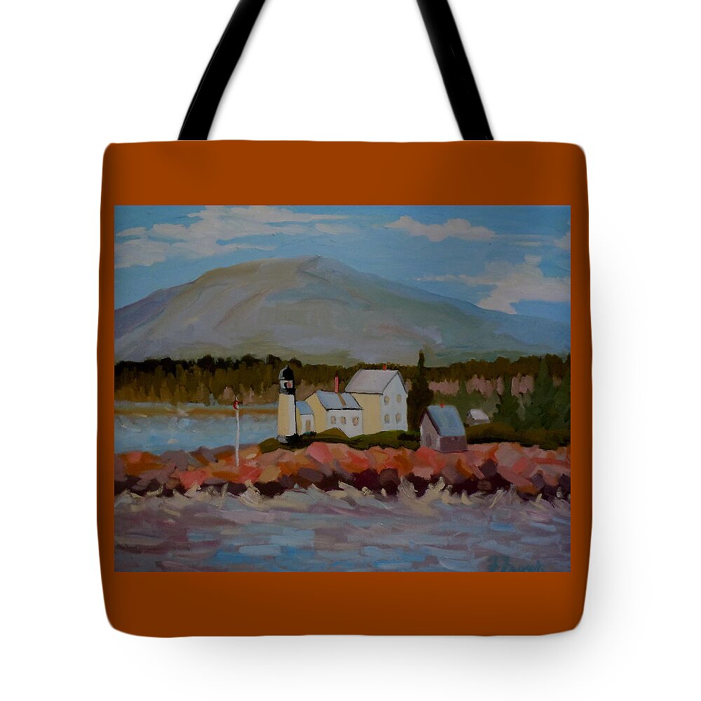 Maine Tote Bag featuring the painting Winter Harbor Light by Francine Frank