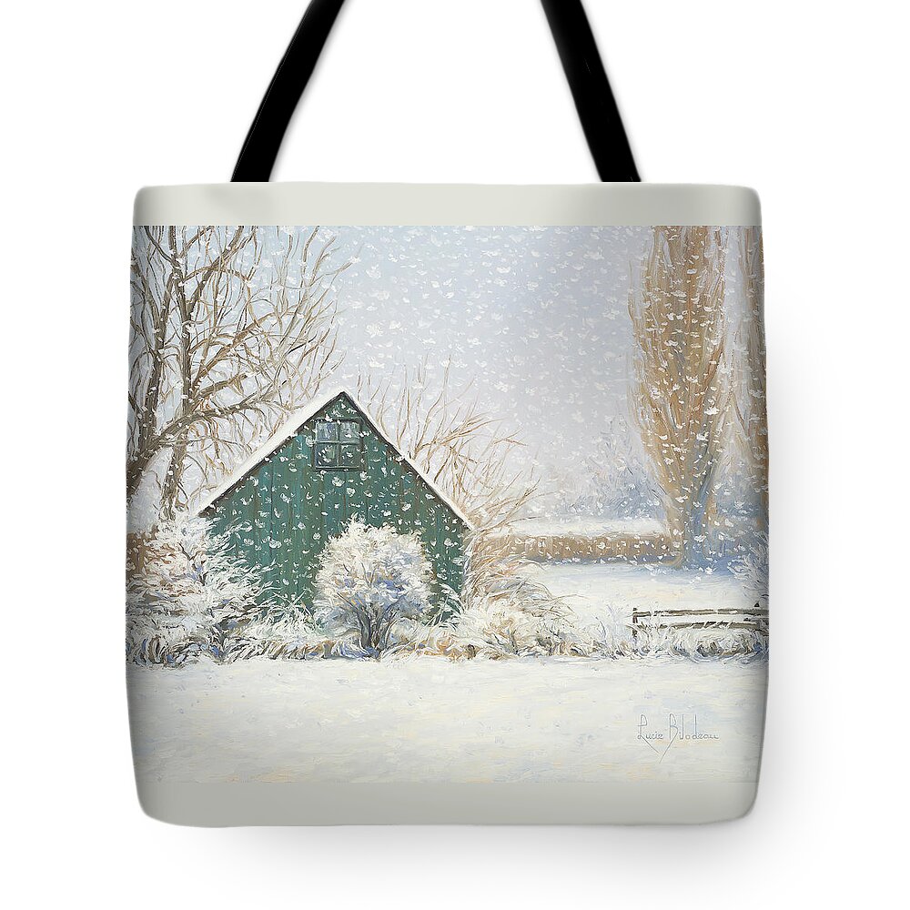 Barn Tote Bag featuring the painting Winter Magic by Lucie Bilodeau